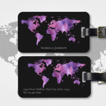 Personalized Watercolor World Map Purple and Black