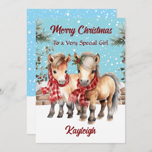 Personalized Watercolour Pony Flat Christmas シーズンカード (正面/裏面)