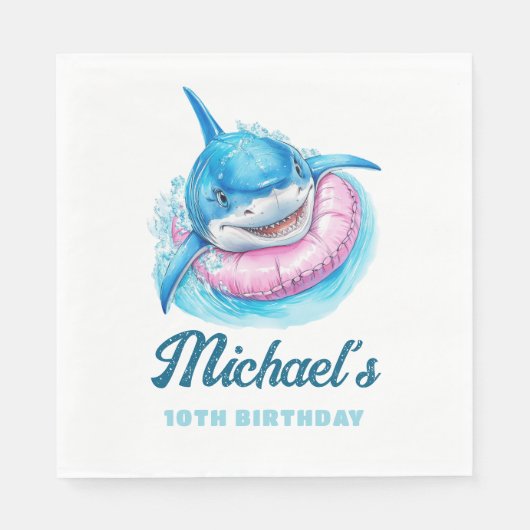 Personalized Waterpark Shark Pool Party Birthday スタンダードランチョンナプキン (正面)