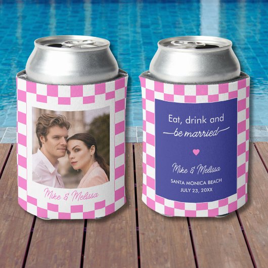 Personalized Wedding Custom Photo Retro Pink Tiles 缶クーラー