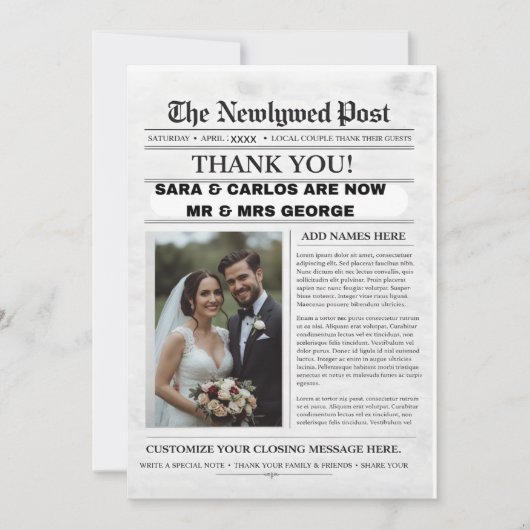 Personalized Wedding Newspaper Poster | Newlywed 招待状 (正面)