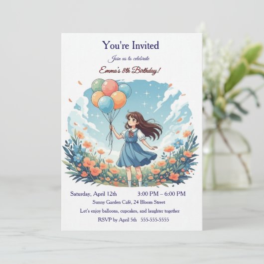 Personalized Whimsical Anime Girl 8th Birthday Par 招待状 (スタンド正面)
