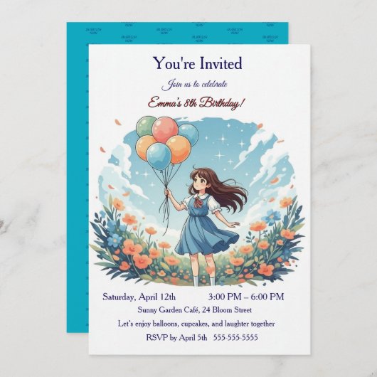 Personalized Whimsical Anime Girl 8th Birthday Par 招待状 (正面/裏面)