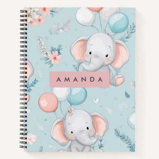 Personalized Whimsical Baby Elephant Pattern ノートブック (正面)