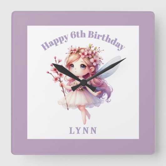 Personalized Whimsical Floral Fairy  スクエア壁時計 (正面)