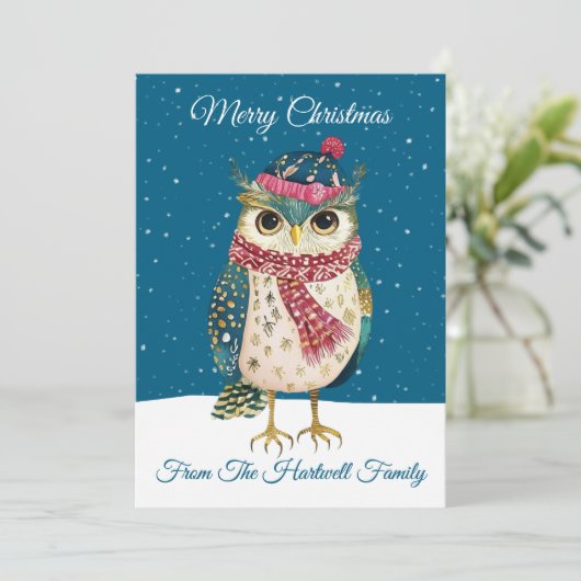 Personalized Whimsical Folk Art Style Owl シーズンカード (スタンド正面)