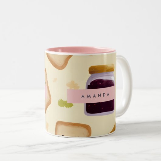 Personalized Whimsical Toast & Jam Pattern ツートーンマグカップ (正面右)