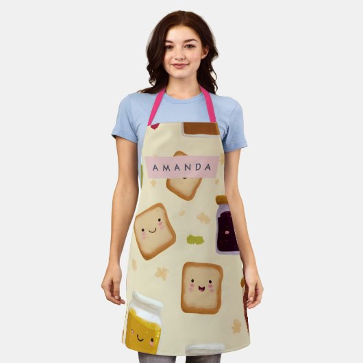 Personalized Whimsical Toast & Jam Pattern Apron エプロン (着用した状態)