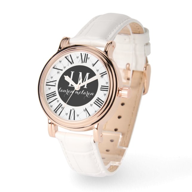 Personalized White & Black Bow 腕時計 (傾斜)