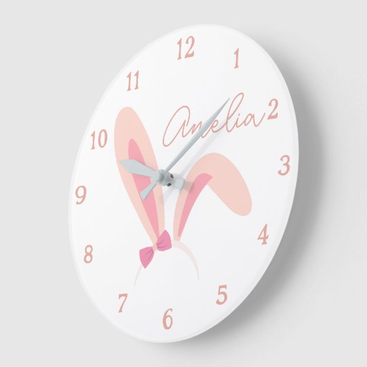 Personalized White Bunny Nursery Wall Clock Pastel ラージ壁時計 (傾斜)