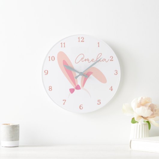 Personalized White Bunny Nursery Wall Clock Pastel ラージ壁時計 (ホーム)