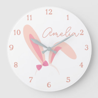 Personalized White Bunny Nursery Wall Clock Pastel ラージ壁時計