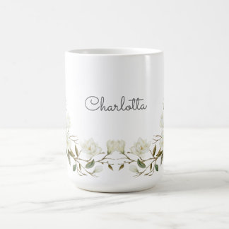 Personalized White Floral Mug, Elegant Custom Name コーヒーマグカップ