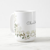 Personalized White Floral Mug, Elegant Custom Name コーヒーマグカップ (正面左)