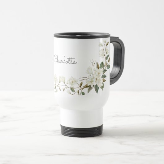 Personalized White Floral Mug, Elegant Custom Name トラベルマグ (正面右)