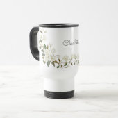 Personalized White Floral Mug, Elegant Custom Name トラベルマグ (正面左)