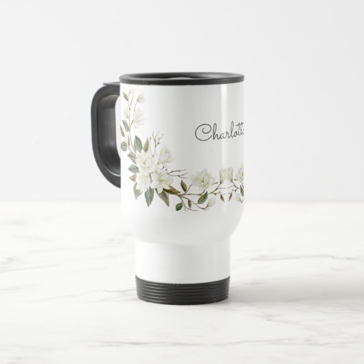 Personalized White Floral Mug, Elegant Custom Name トラベルマグ (正面左)