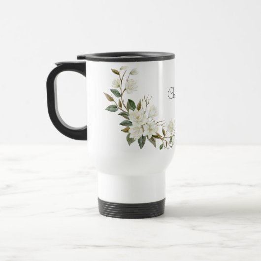 Personalized White Floral Mug, Elegant Custom Name トラベルマグ (左)