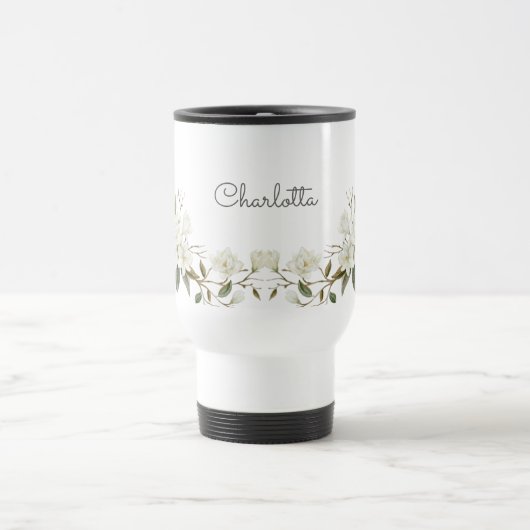Personalized White Floral Mug, Elegant Custom Name トラベルマグ (中央)