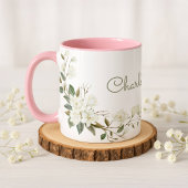 Personalized White Floral Mug, Elegant Custom Name マグカップ