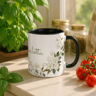 Personalized White Floral Mug, Elegant Custom Name マグカップ