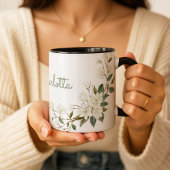 Personalized White Floral Mug, Elegant Custom Name マグカップ