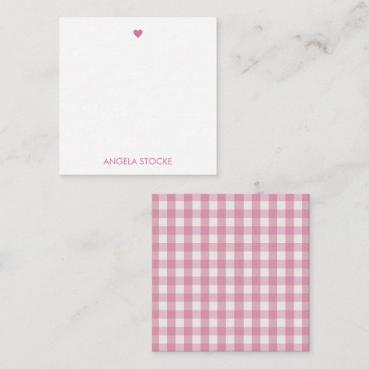 Personalized White Pink Gingham ノートカード (正面/裏面)