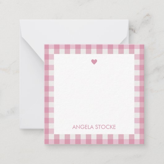 Personalized White Pink Gingham ノートカード (正面)