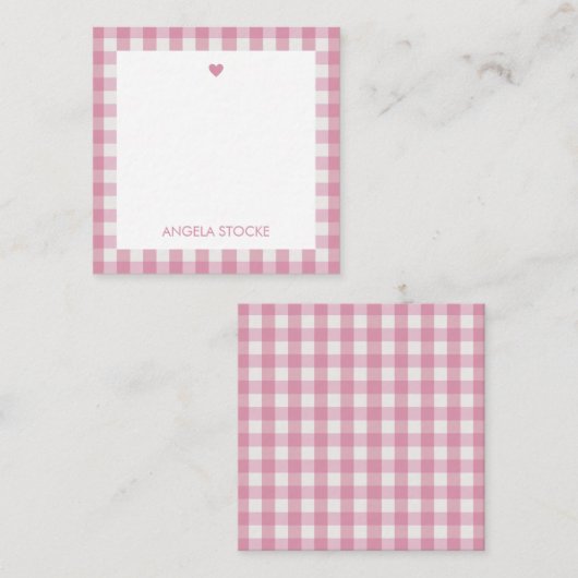 Personalized White Pink Gingham ノートカード (正面/裏面)