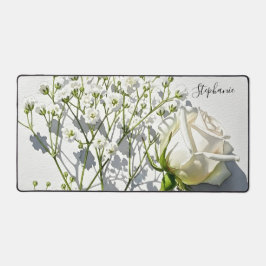 Personalized White Rose Floral Art デスクマット