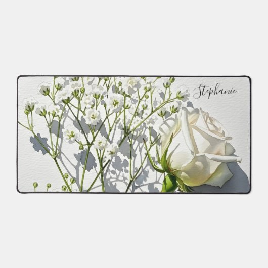 Personalized White Rose Floral Art デスクマット (正面)