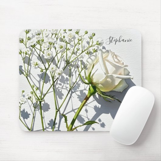 Personalized White Rose Floral Desk マウスパッド (マウス)