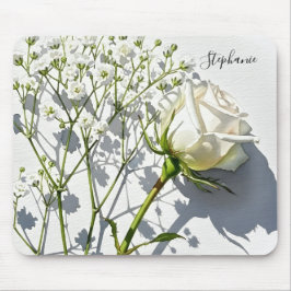Personalized White Rose Floral Desk マウスパッド