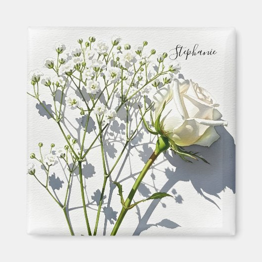 Personalized White Rose Floral Magnet マグネット (正面)