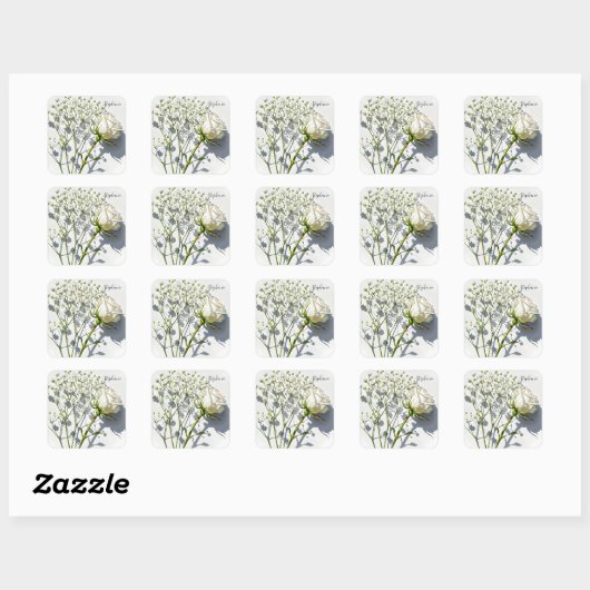 Personalized White Rose Floral Sticker スクエアシール (シート)