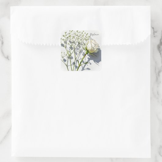 Personalized White Rose Floral Sticker スクエアシール (バッグ)