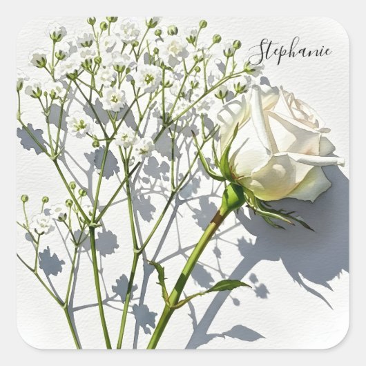 Personalized White Rose Floral Sticker スクエアシール (正面)