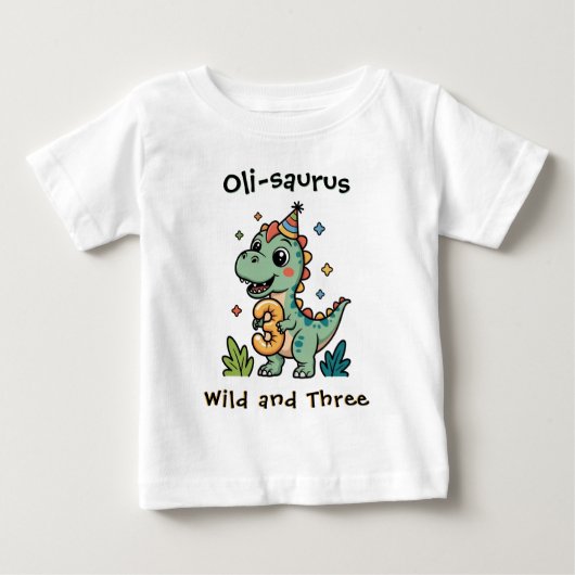 Personalized Wild and Three Dinosaur 3rd Birthday ベビーTシャツ (正面)