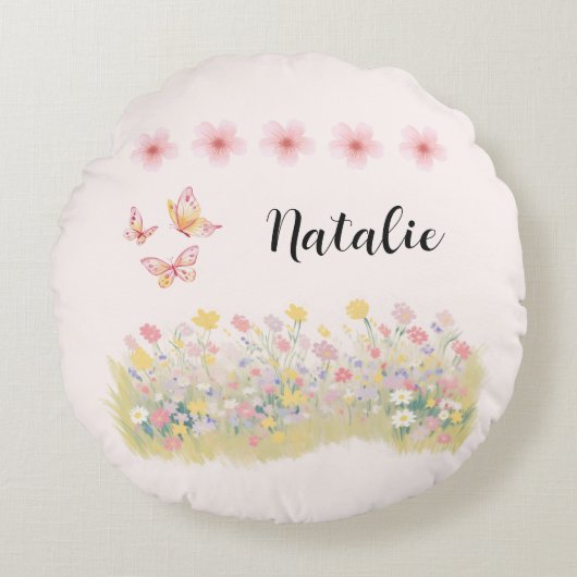 Personalized Wildflower & Butterfly Round Pillow ラウンドクッション (正面)