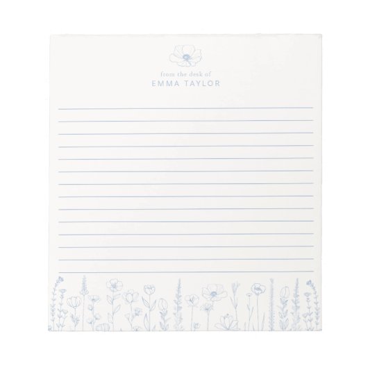 Personalized Wildflower Dusty Blue Desk Notepad ノートパッド (正面)