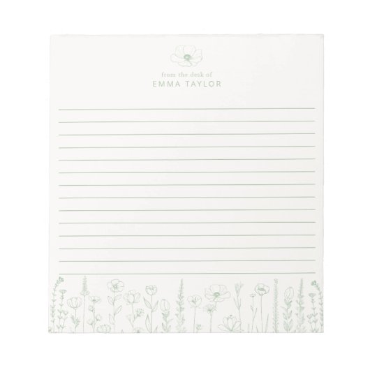 Personalized Wildflower Sage Green Desk Notepad ノートパッド (正面)