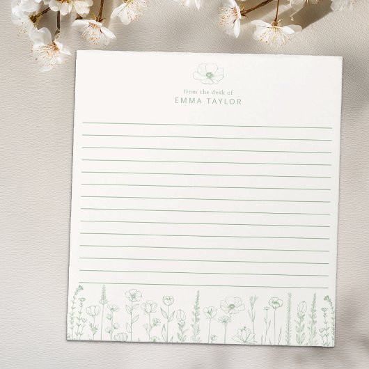 Personalized Wildflower Sage Green Desk Notepad ノートパッド
