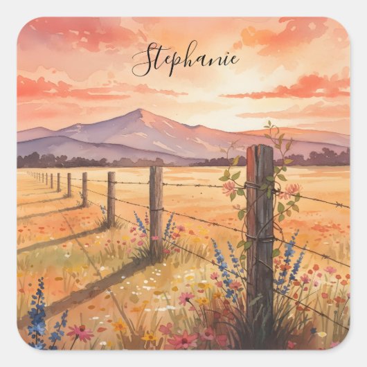 Personalized Wildflower Sunset Sticker スクエアシール (正面)