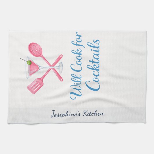 Personalized Will Cook for Cocktails Funny Elegant キッチンタオル (横)