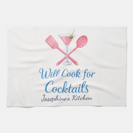 Personalized Will Cook for Cocktails Funny Elegant キッチンタオル (横)