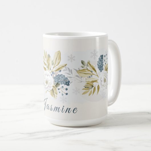 Personalized Winter Botanical Floral コーヒーマグカップ (正面右)