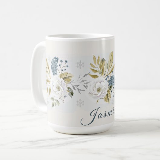 Personalized Winter Botanical Floral コーヒーマグカップ (正面左)