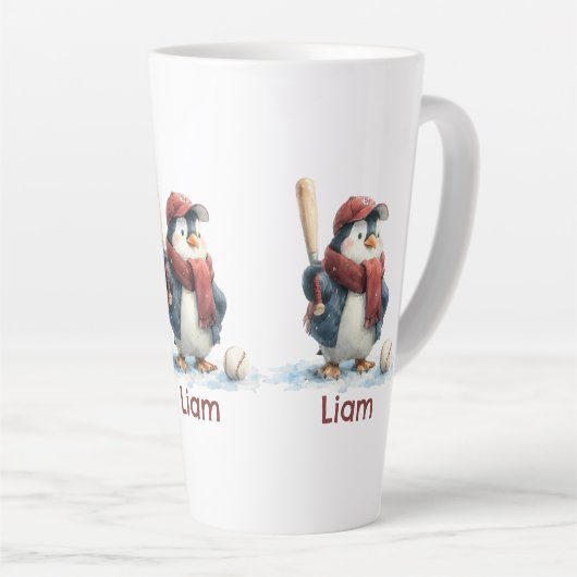 Personalized Winter Penguin Baseball Kid カフェラテマグ (右アングル)