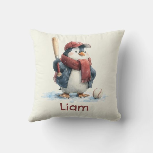Personalized Winter Penguin Baseball Kid クッション (裏面)