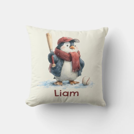 Personalized Winter Penguin Baseball Kid クッション (正面)